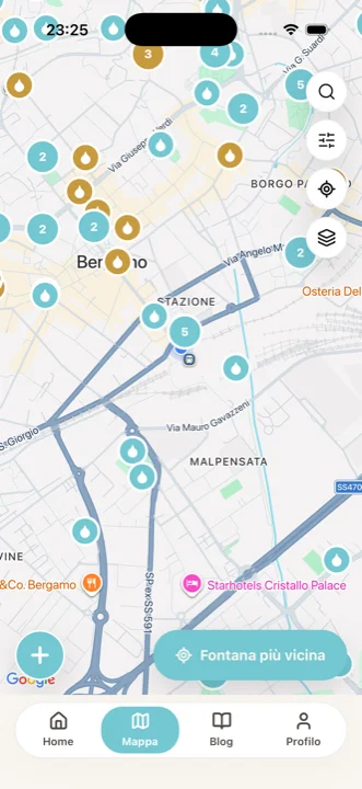 Mappa: tutte le fontane della zona, filtrabili per tipo.